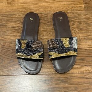 Zara Brown Beaded Slide sandals with Gold & Black beaded  Accents Camo size 37